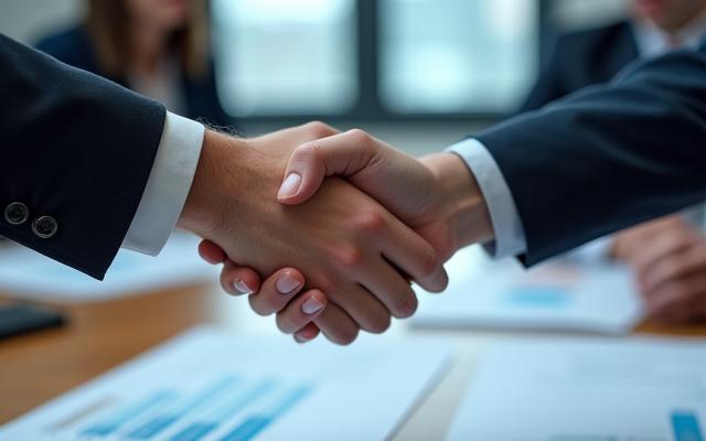 Deux mains serrant lors d'une négociation d'affaires dans un bureau moderne
