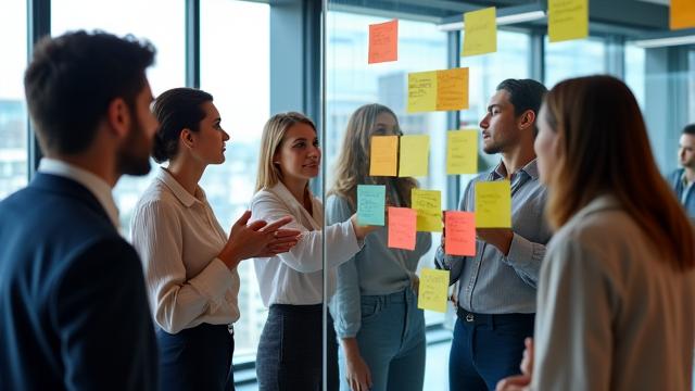 Image d'une équipe professionnelle en atelier collaboratif, utilisant des tableaux blancs ou des post-it.