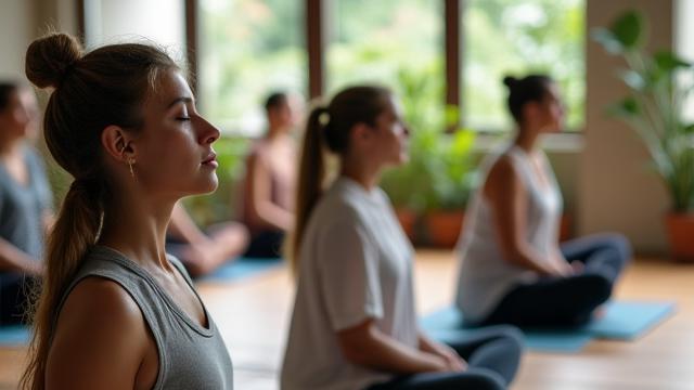 Image d'un groupe en méditation ou participant à un séminaire de pleine conscience dans un environnement calme.